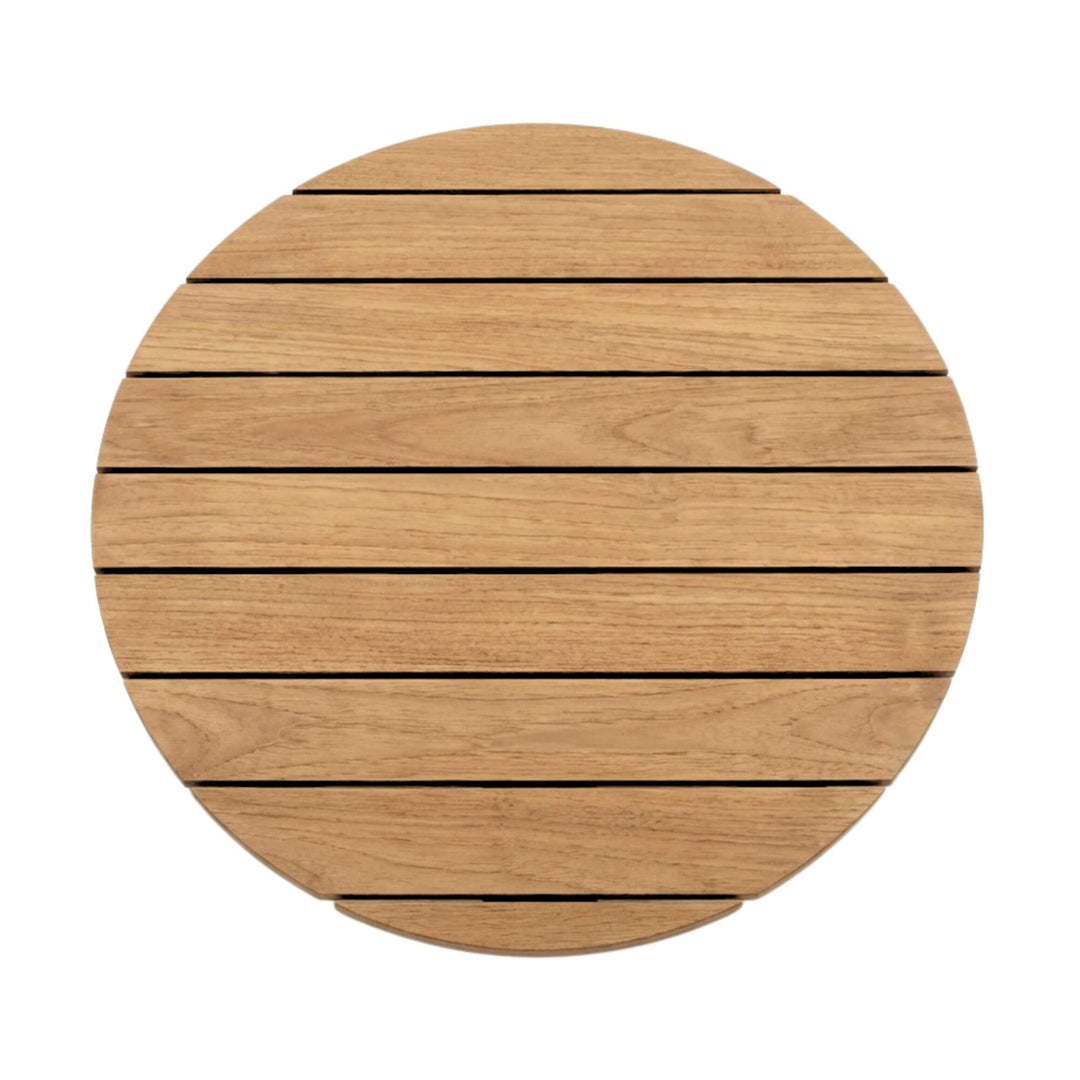 Close-up of the teak slatted tabletop highlighting natural wood grain.