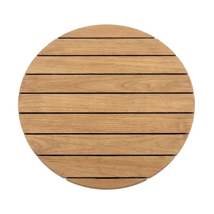 Close-up of the teak slatted tabletop highlighting natural wood grain.