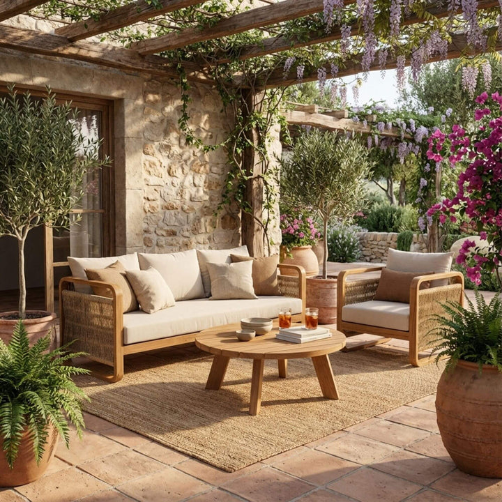 Outdoor setting featuring the round teak coffee table styled with garden seating.