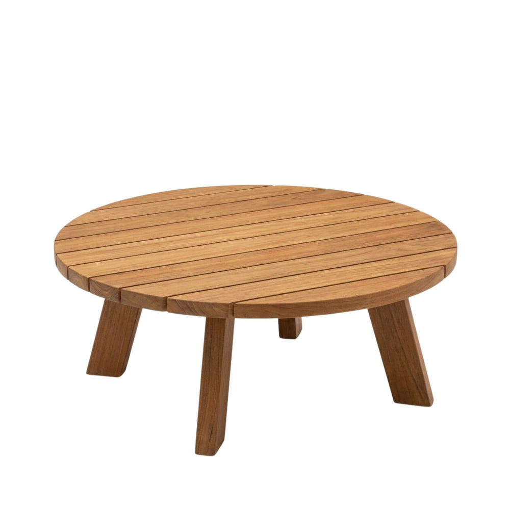 Front view of the teak outdoor round coffee table with slatted wooden top.