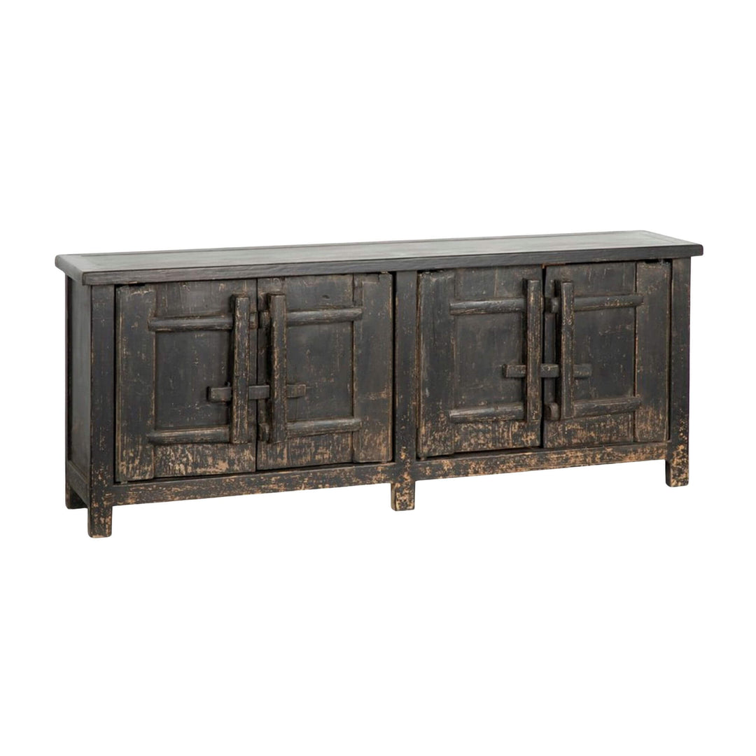 Tenggara Buffet in black reclaimed teak wood with distressed finish, front view.