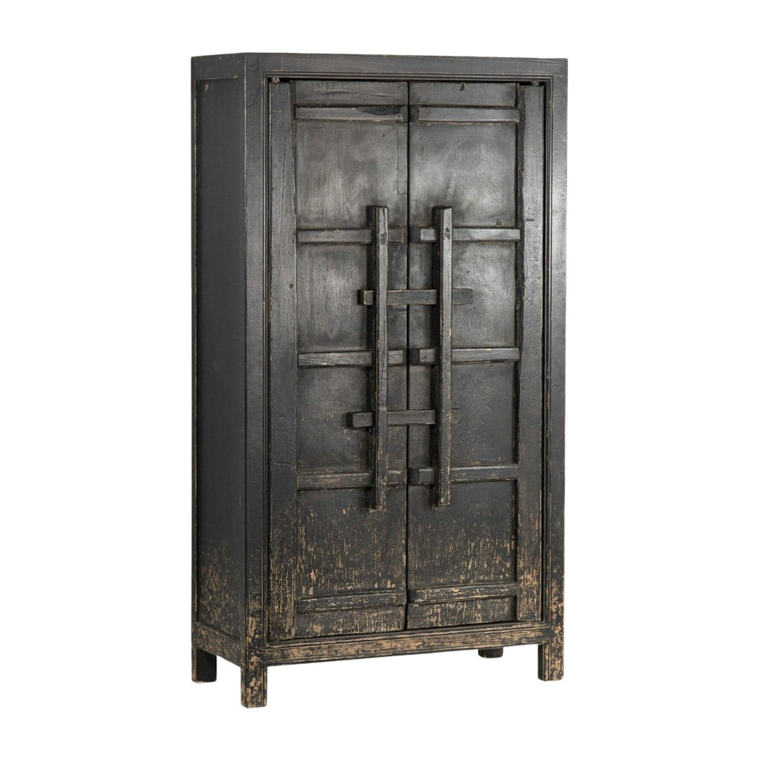 Front view of Tenggara black teak wardrobe with double doors