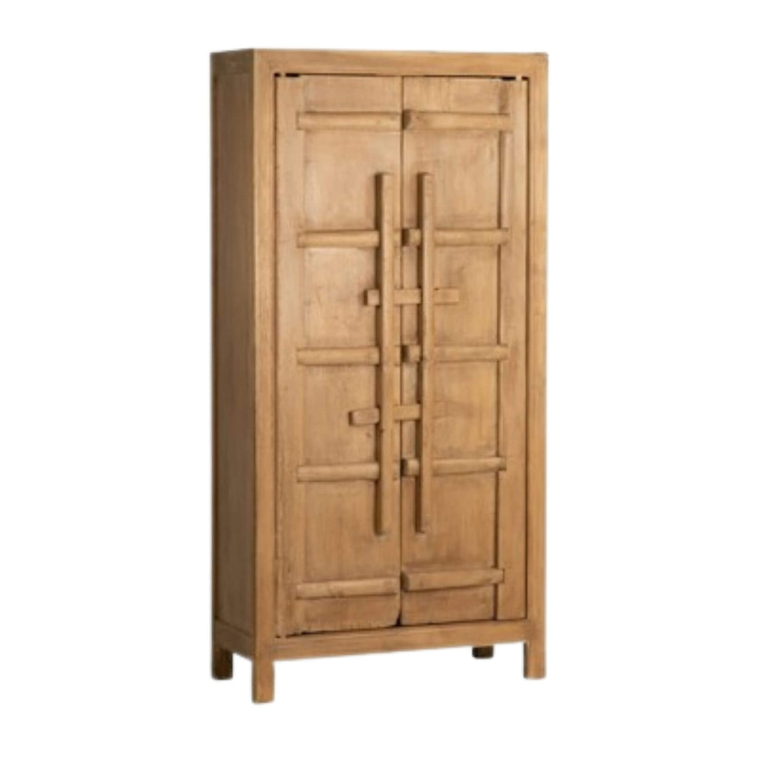 Tenggara wardrobe in natural teak wood with geometric door design, 116x48x210 cm.