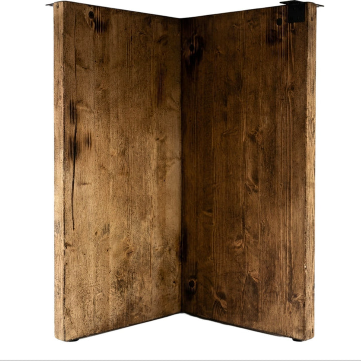 Detail view of the wooden base showing its sturdy construction and natural wood grain.