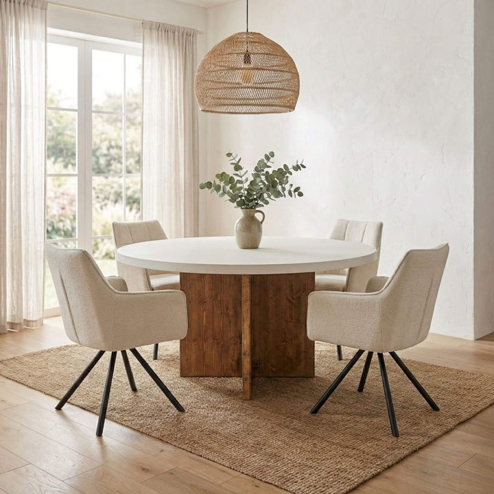 Styled dining room setting featuring the Terraline table paired with upholstered chairs and natural decor.