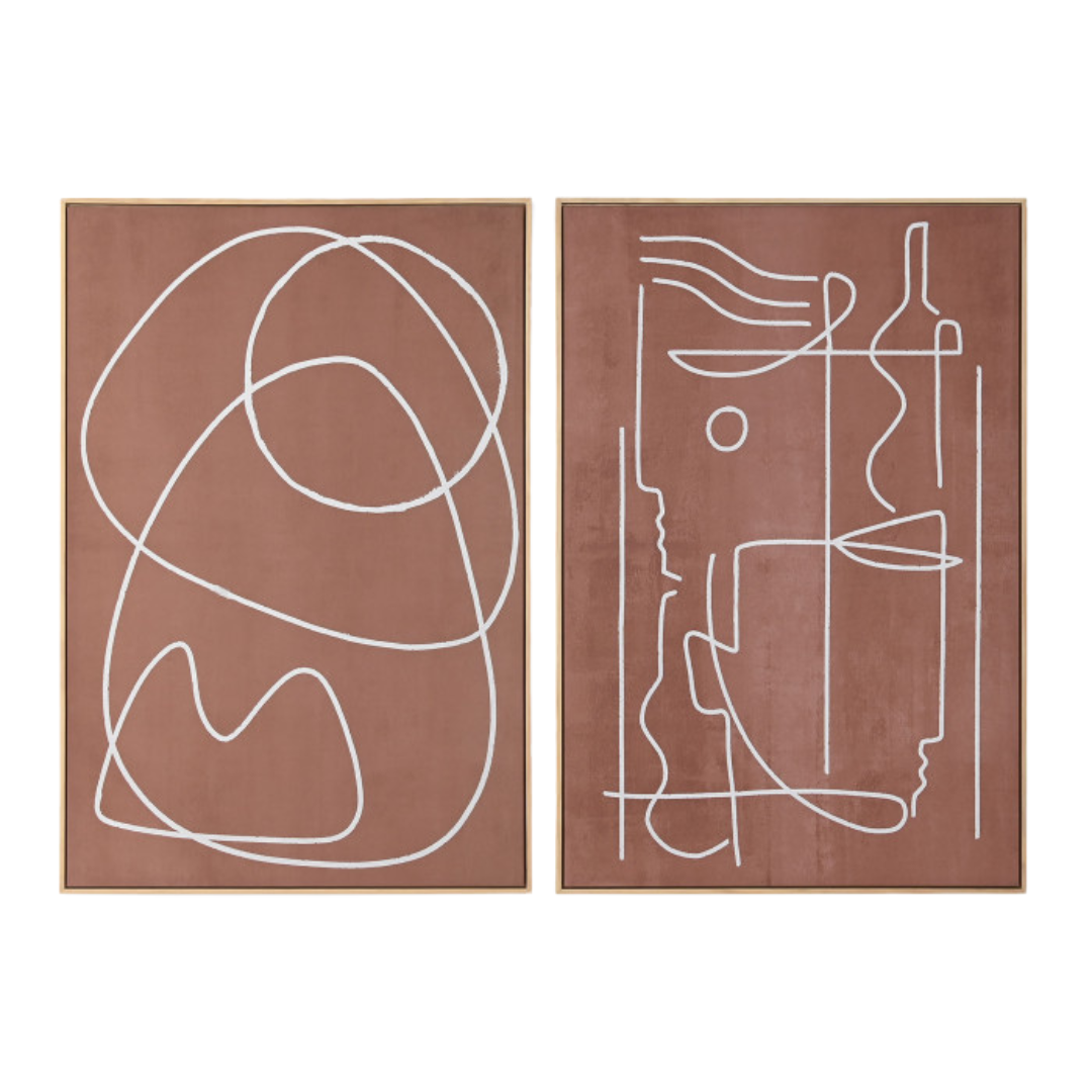 Front view of the Terral Painting featuring two abstract canvases with white line art on terracotta background.
