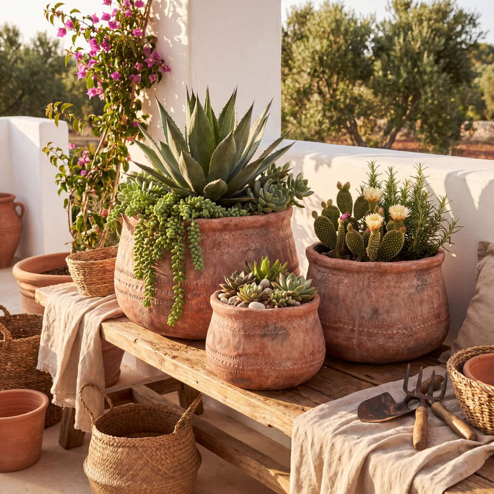 Styled outdoor setting featuring the Terrane planters arranged with succulents and greenery on a rustic wooden table.