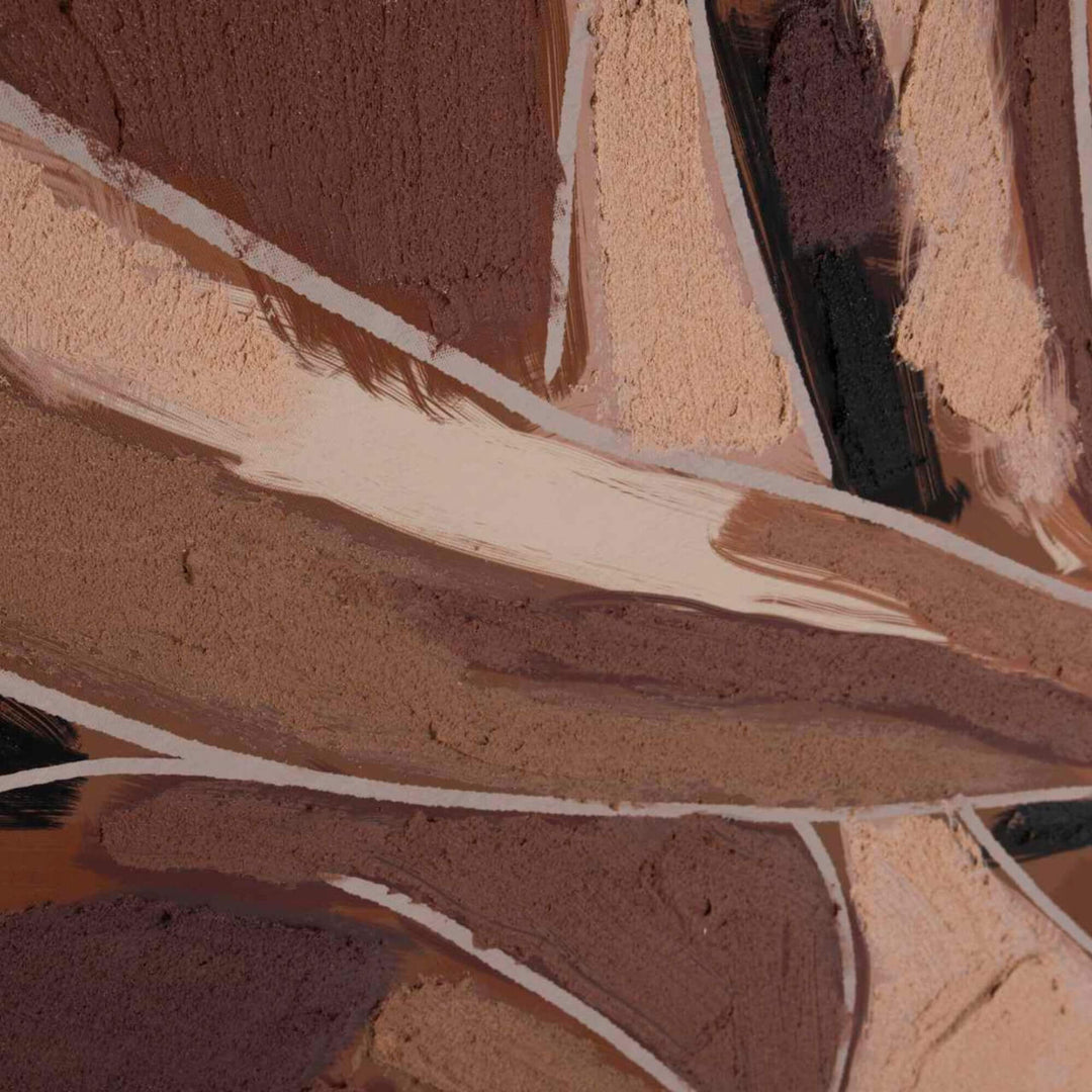 Detail view of the Terra Muse painting showing layered abstract lines and warm terracotta and brown tones