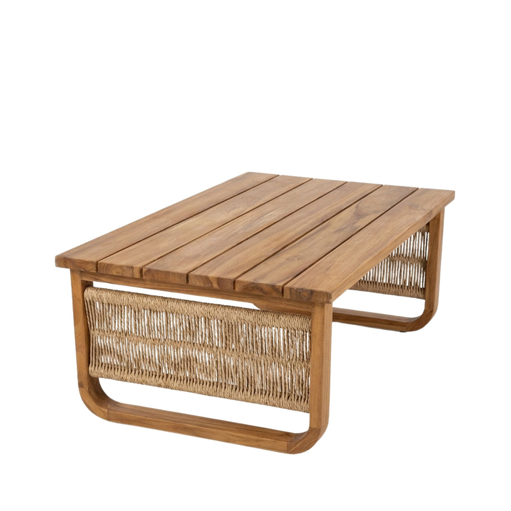 Front view of Thai Fiber Coffee Table showing its rectangular teak top and woven fiber sides.