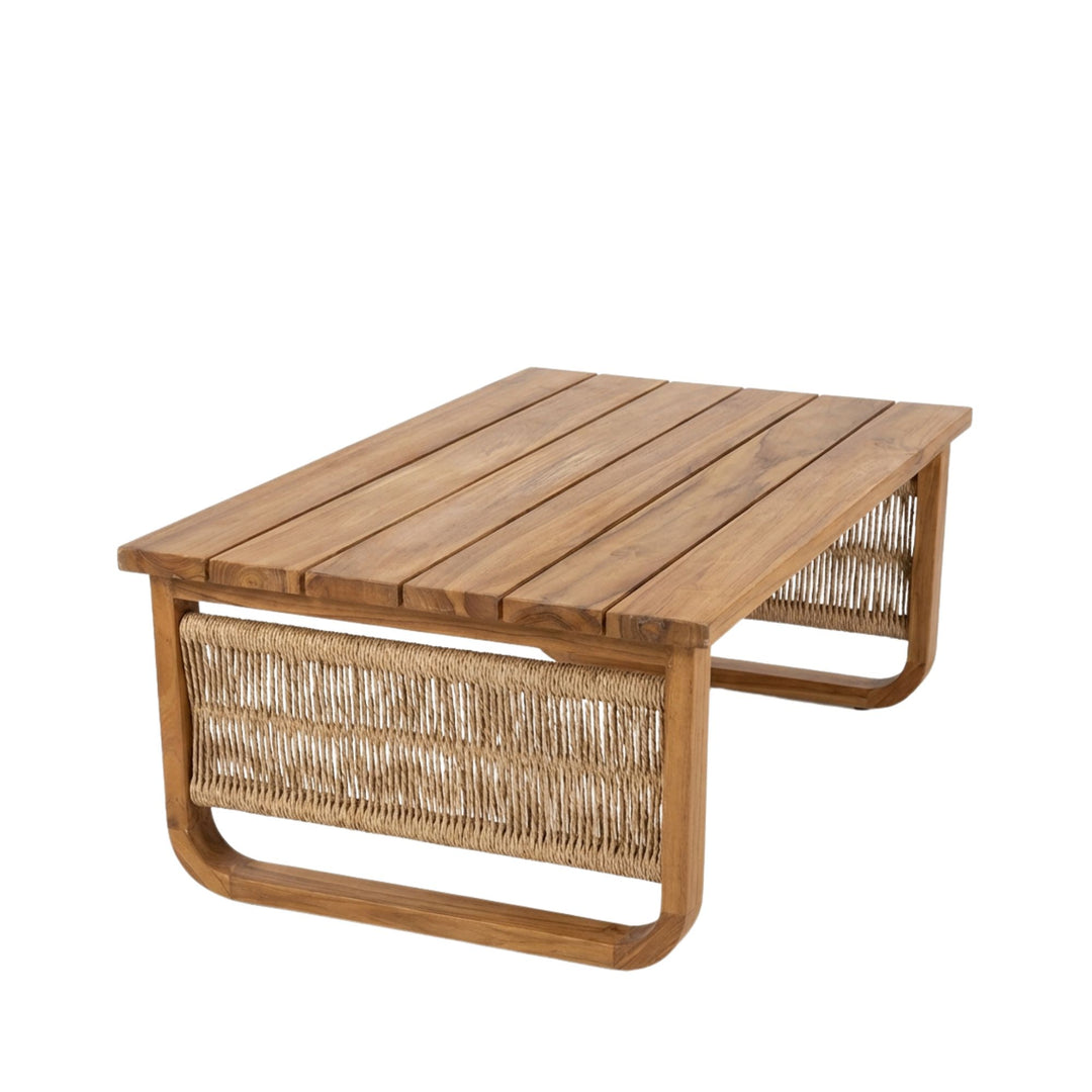 Front view of Thai Fiber Coffee Table showing its rectangular teak top and woven fiber sides.