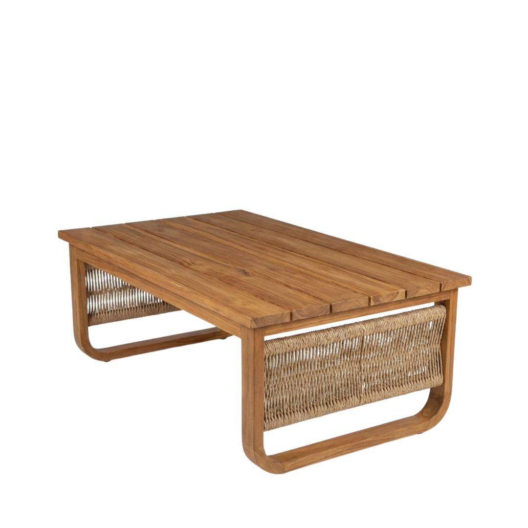 Side view of Thai Fiber Coffee Table highlighting the curved teak legs and rattan panels.