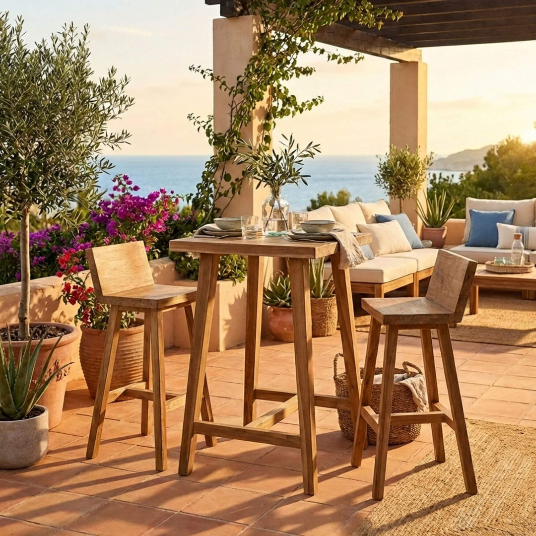 Front view of the Thailand bar table showcasing its solid teak wood structure and square tabletop.