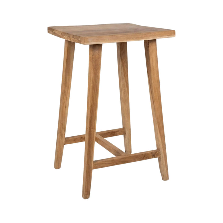 Angled view of the Thailand bar table showcasing its solid teak wood structure and square tabletop.