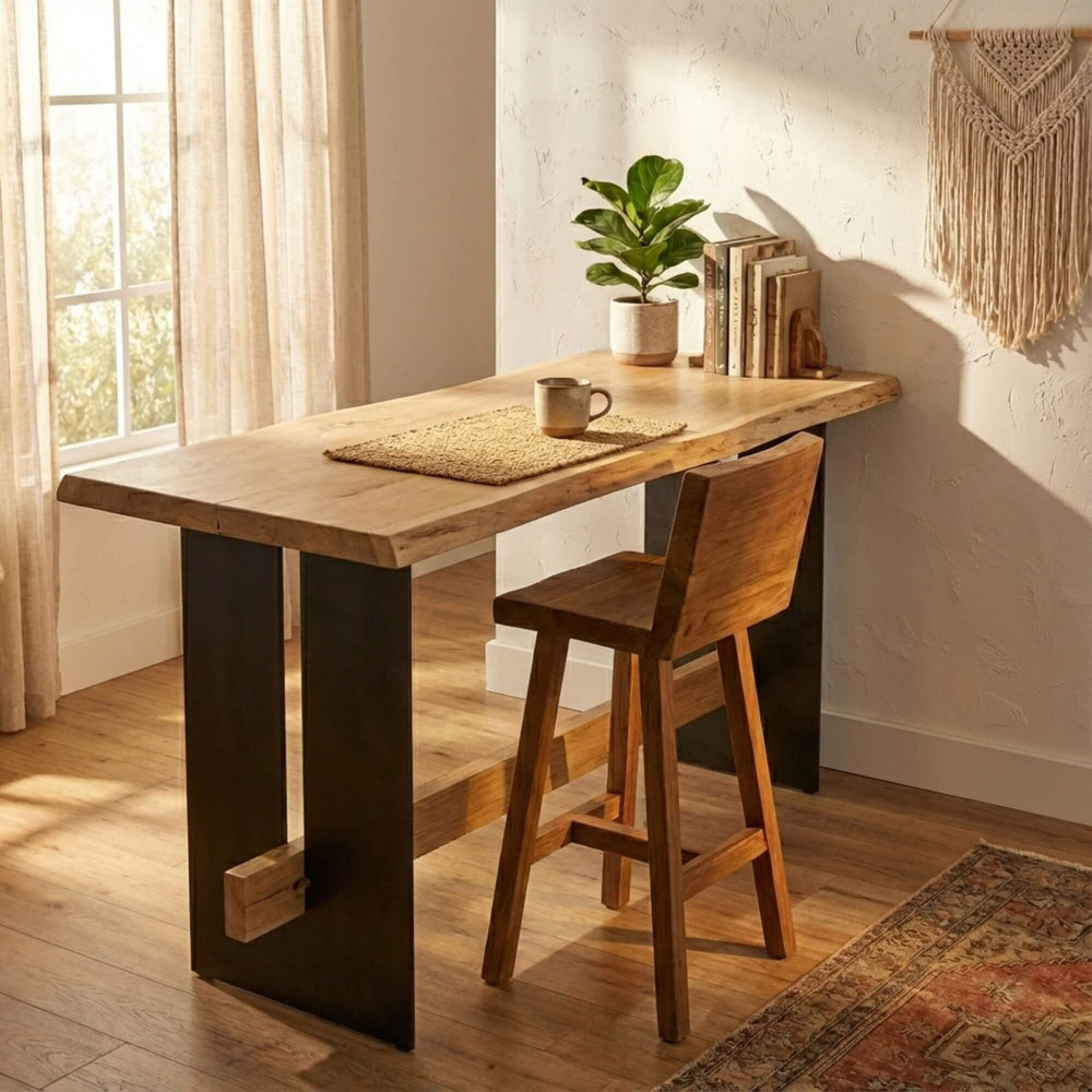 Lifestyle image of the Thailand bar stool placed at a wooden dining or kitchen counter.