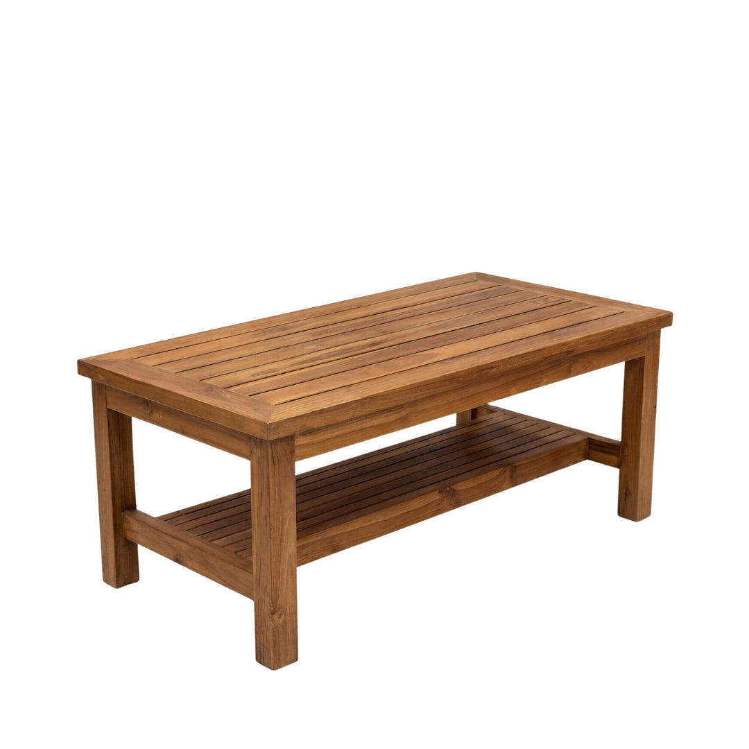 Front view of the Thai coffee table showing its slatted teak wood top and lower shelf.