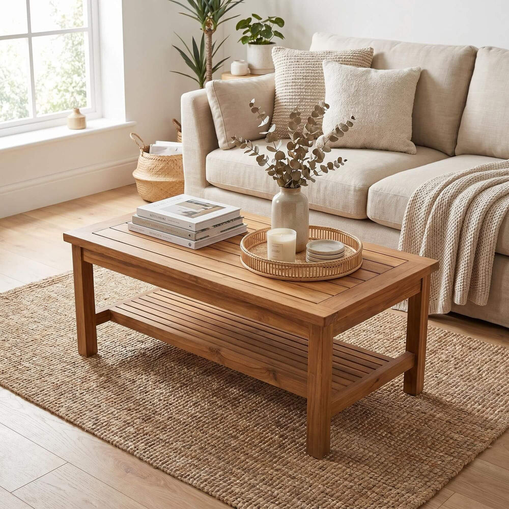 Styled living room setting featuring the Thai coffee table in a warm natural interior.