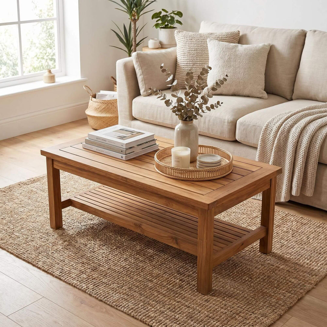 Styled living room setting featuring the Thai coffee table in a warm natural interior.