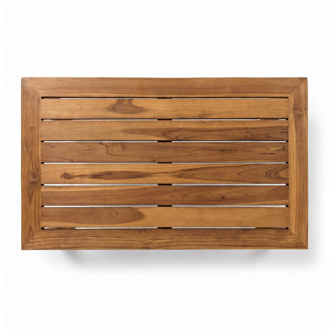 Top view of the coffee table highlighting its slatted surface and warm wood tone variation.