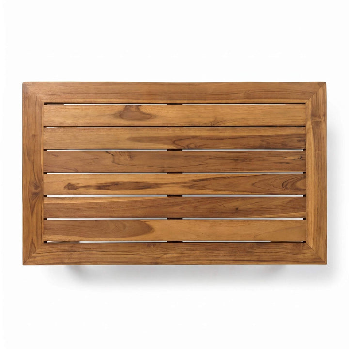 Top view of the coffee table highlighting its slatted surface and warm wood tone variation.