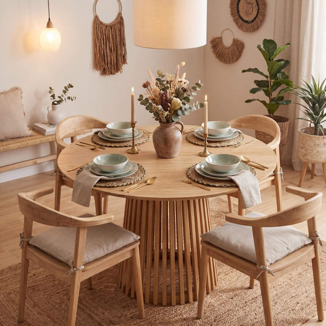 Styled dining room setting featuring the Thai dining table in a warm natural interior.