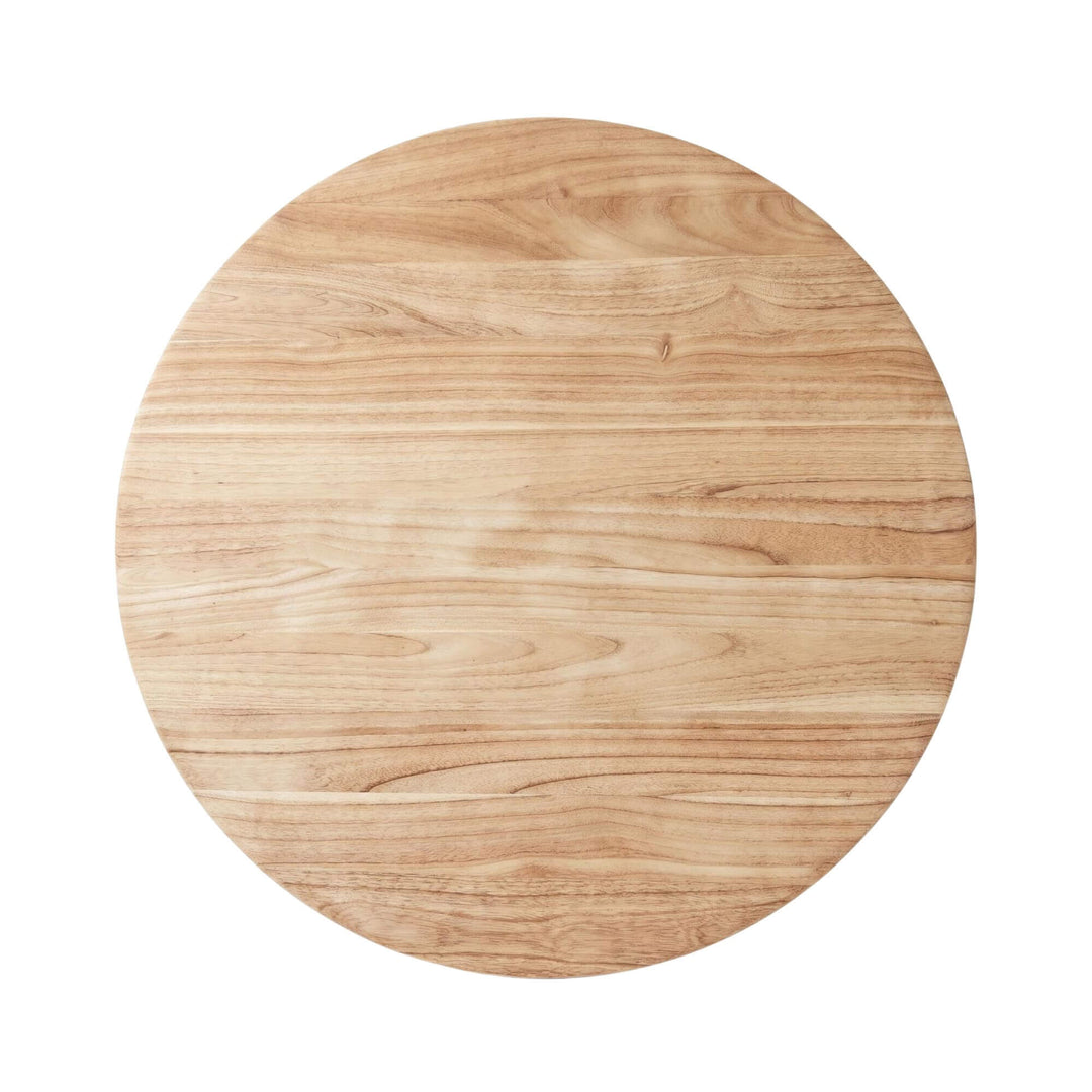 Top view of the dining table showing its round shape and natural wood grain.