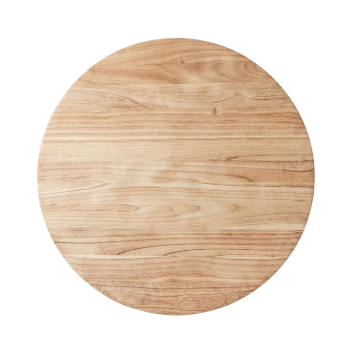 Top view of the dining table showing its round shape and natural wood grain.