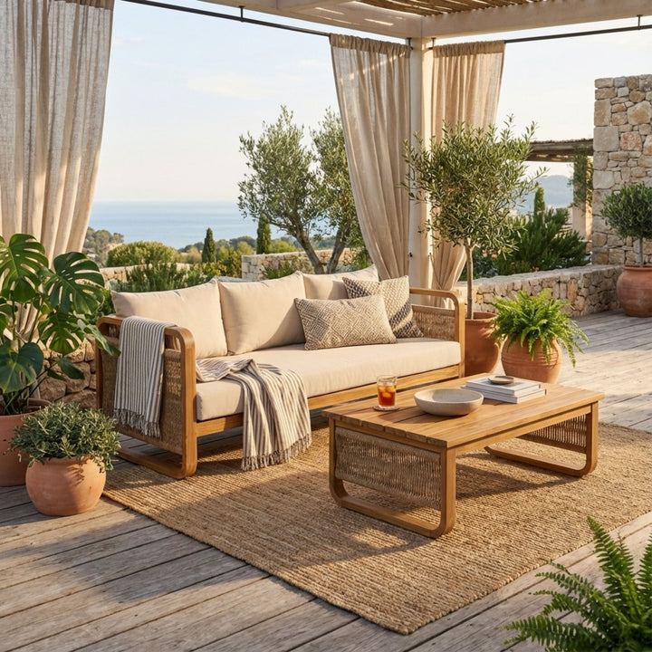 Lifestyle setting showing the Thai Fiber 2 Seater Sofa styled on a terrace with natural décor.