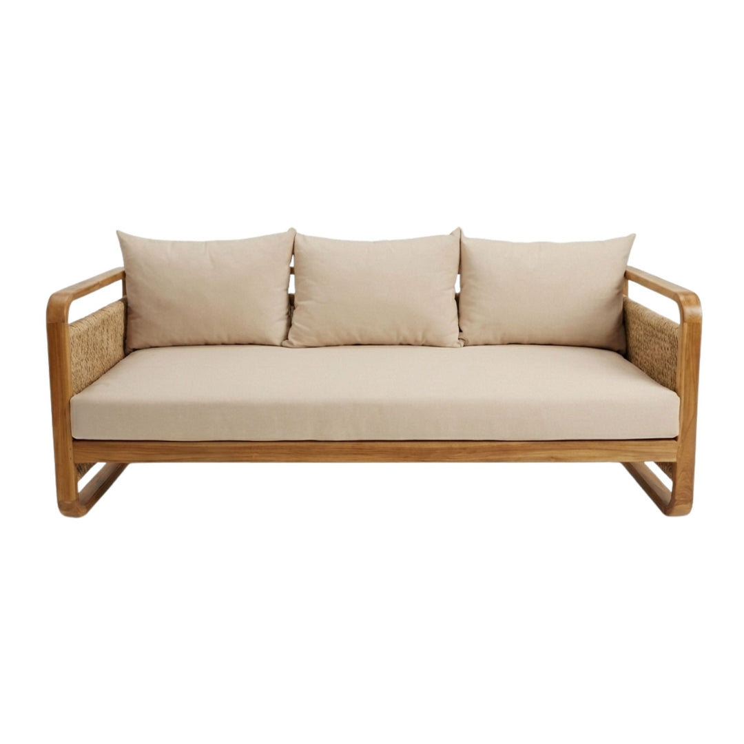 Front view of the Thai Fiber 2 Seater Sofa with teak wood frame and woven rattan sides.