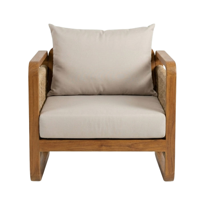 Front view of the Thai Fiber One Seater Sofa with teak wood frame and woven synthetic rattan sides.