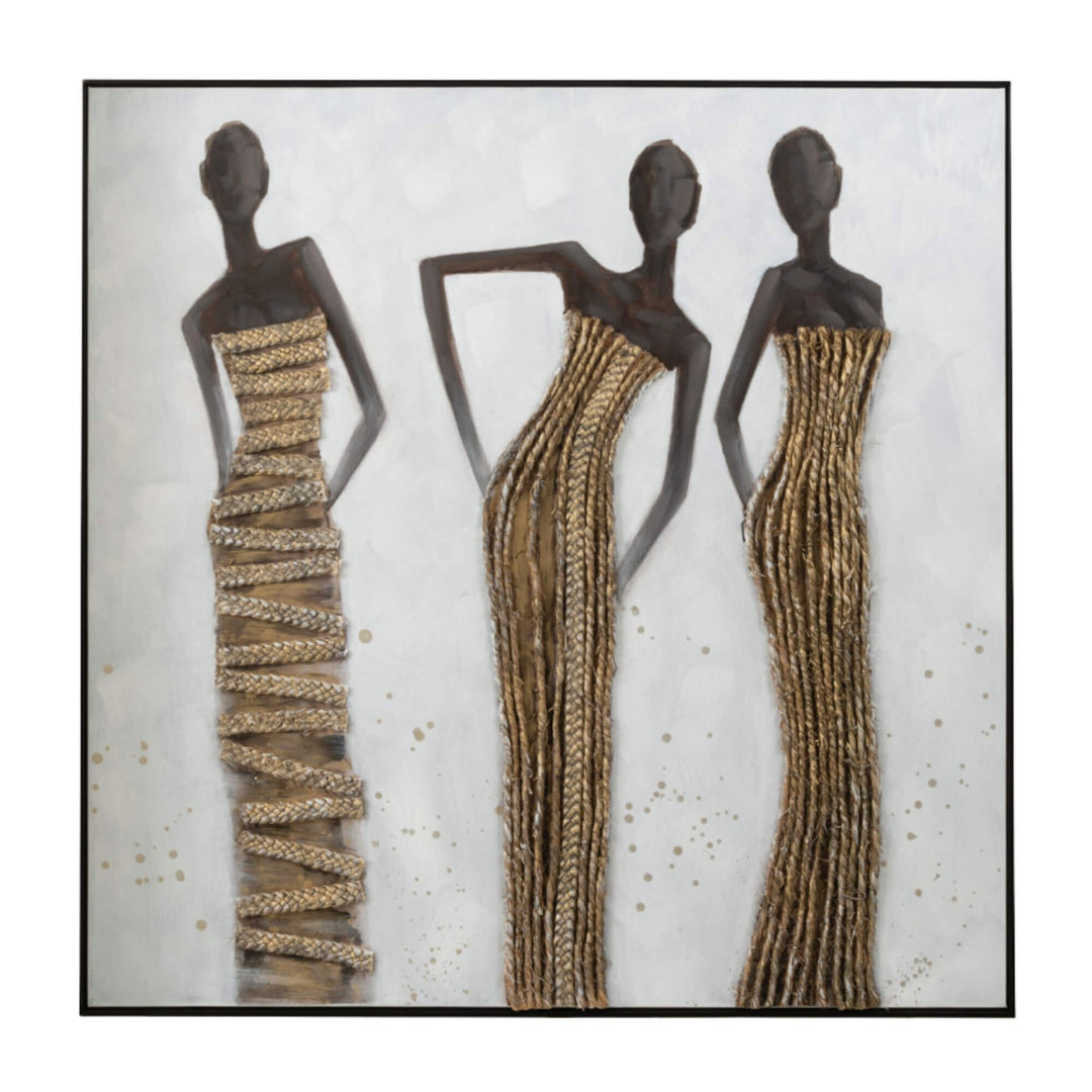 The Muses Canvas Painting showing three stylized female figures with natural fiber dresses.