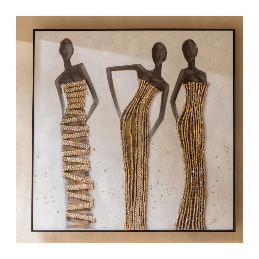 Full view of The Muses Canvas Painting in neutral tones with sculpted textures.

