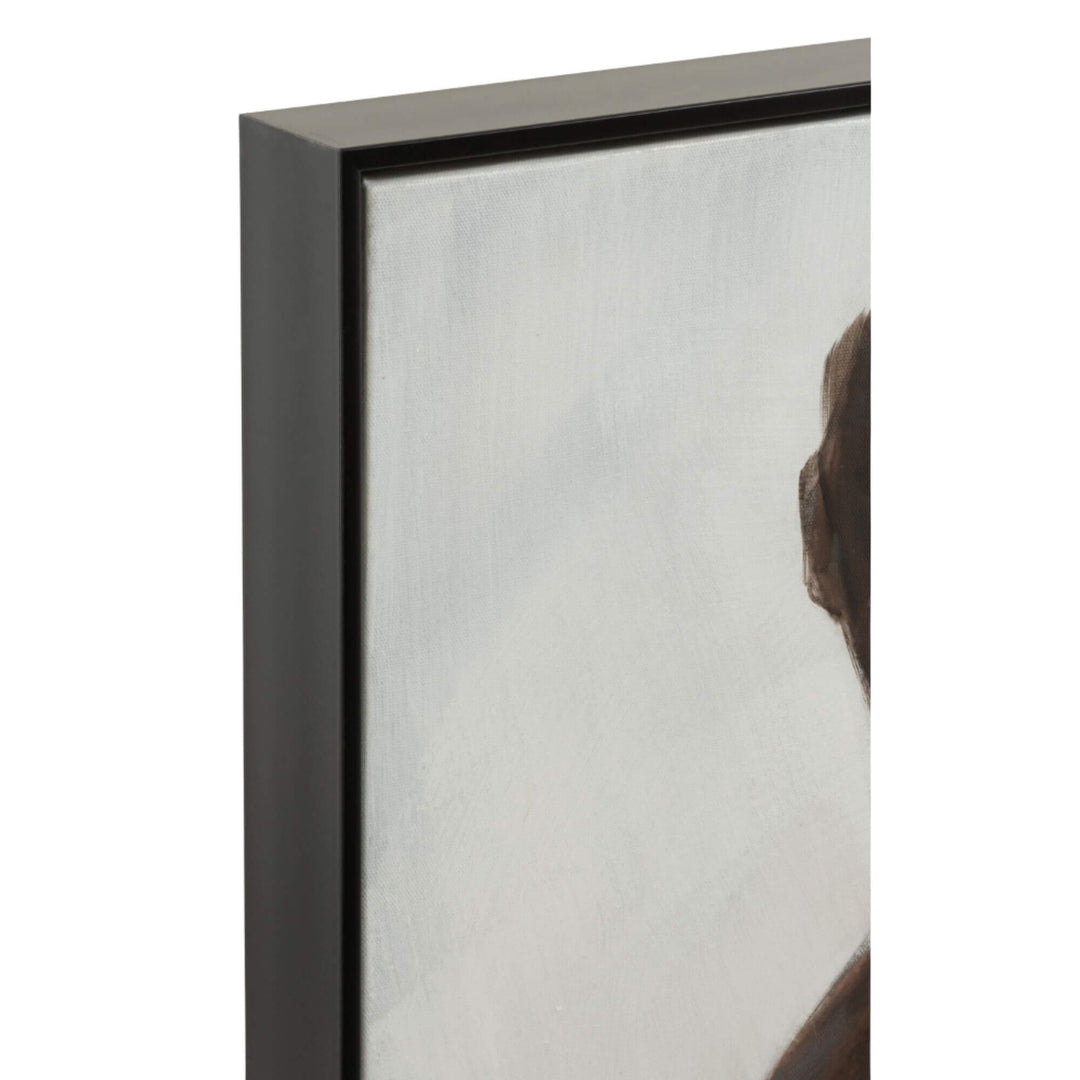 Close-up of the black wooden frame and textured linen surface of The Muses Canvas Painting.