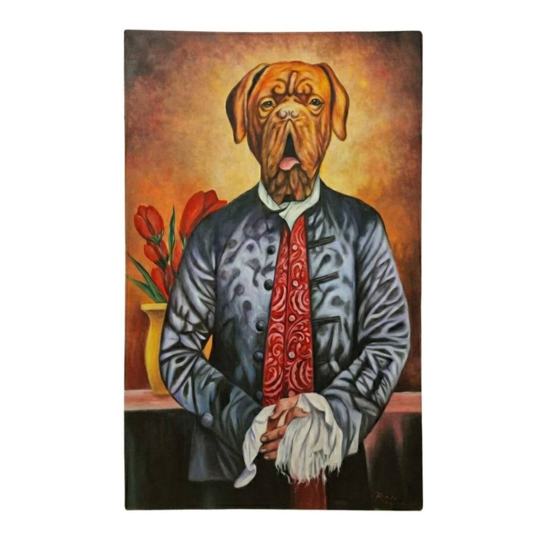 Front view of The Surprised Aristodog Painting featuring a dressed dog in aristocratic portrait style.