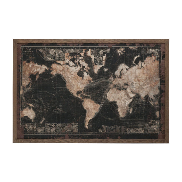 The World Painting without lights, showing detailed antique-style map on canvas with wooden frame.

