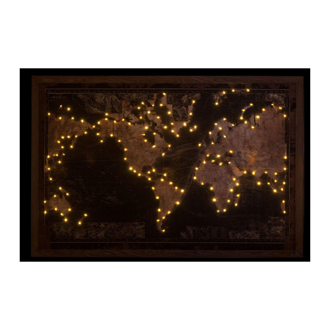 Illuminated world map wall art with LED lights highlighting ports across continents.
