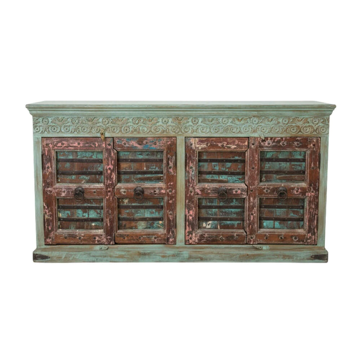 Front view of the Thoha Buffet in distressed turquoise sheesham wood.