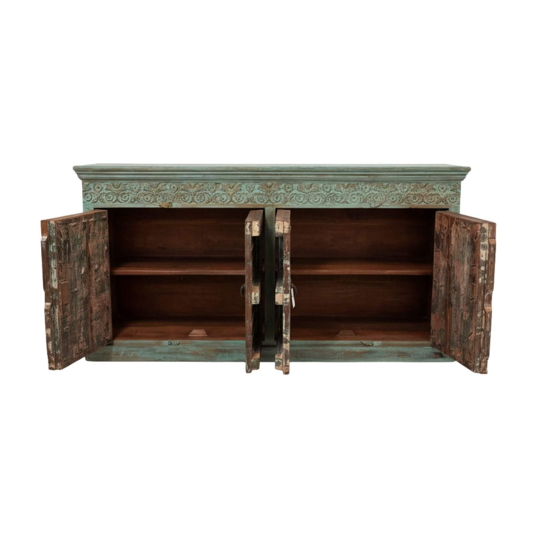 Interior shelving of the Thoha Buffet showing spacious wooden storage.