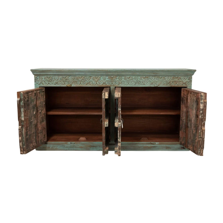 Interior shelving of the Thoha Buffet showing spacious wooden storage.