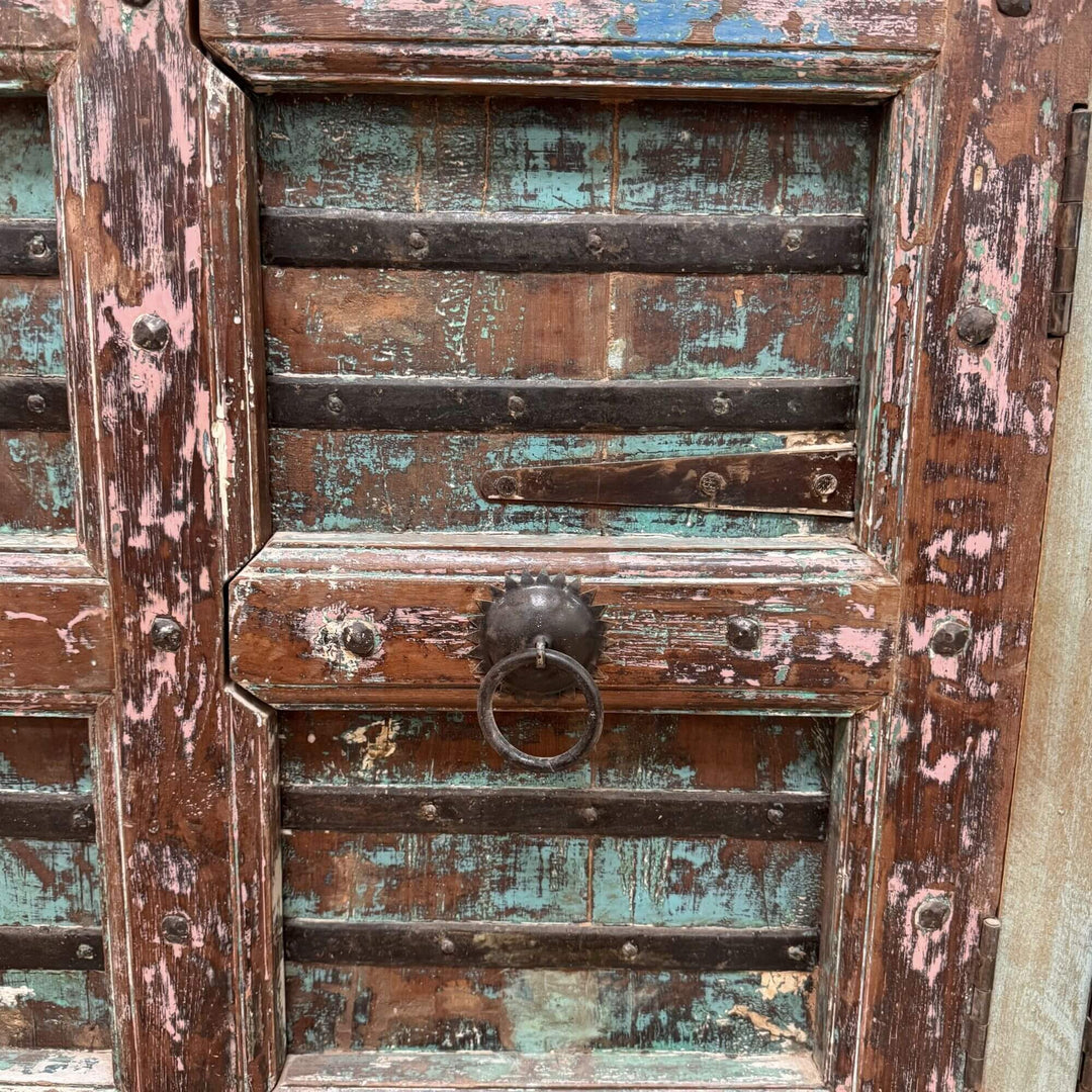 Detail of the rustic door and hardware on the Thoha Buffet sideboard.
