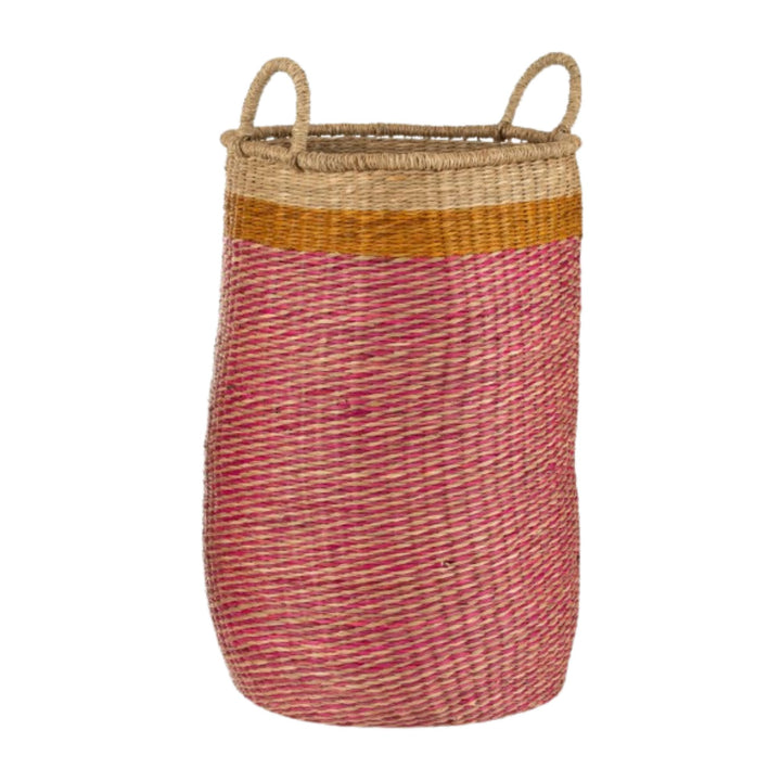 Large Tikolos Basket with tall woven body and natural raffia detailing.