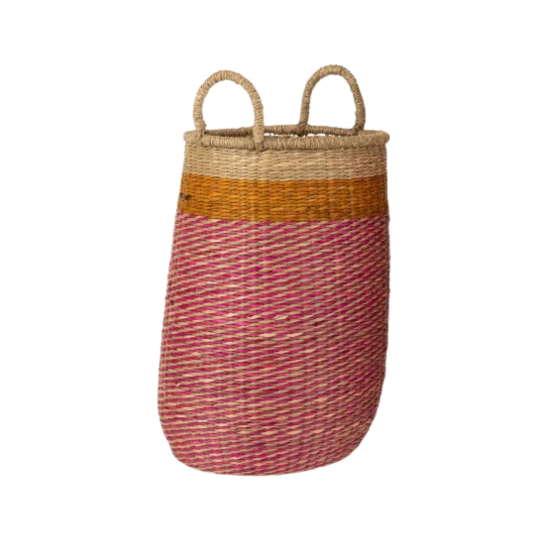 Small Tikolos Basket showing woven raffia texture and loop handles.