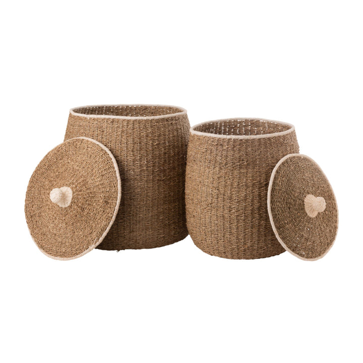 Small Tiko Basket with lid and handwoven seagrass texture.
