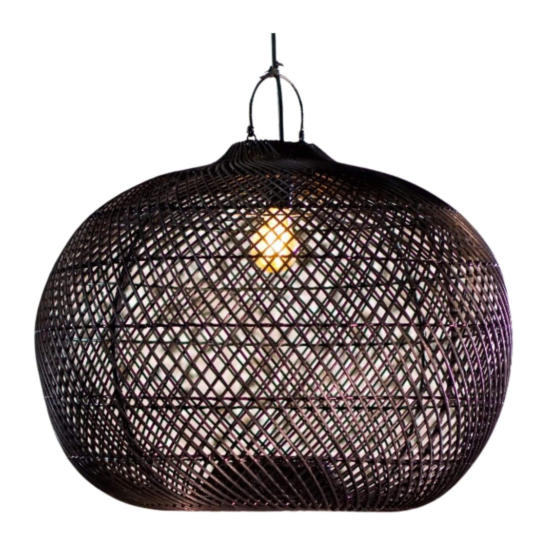 Tioman ceiling lamp in black rattan with handwoven rounded design.