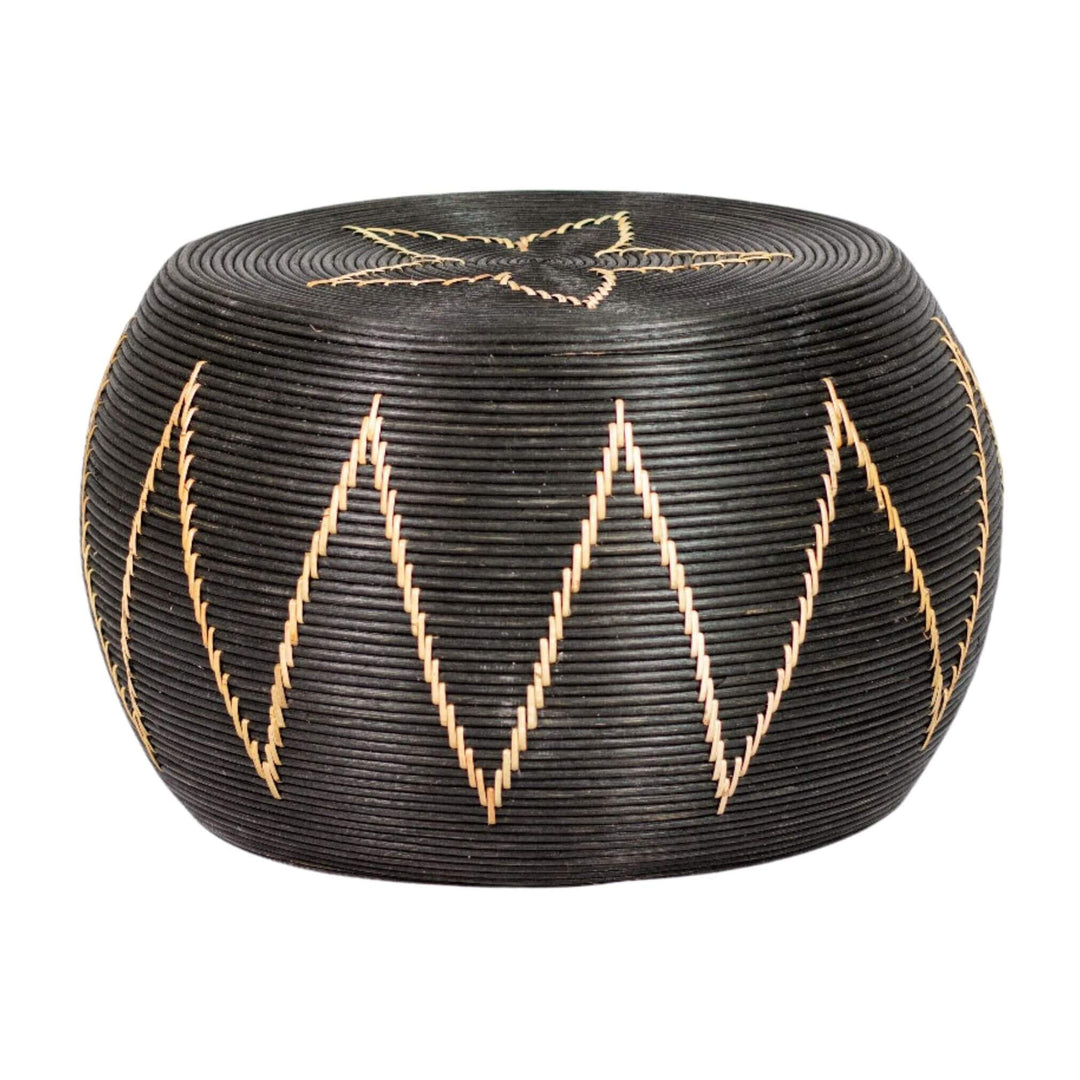 “Togo Coffee Table in black rattan with natural accents, 75x75x50 cm.”
