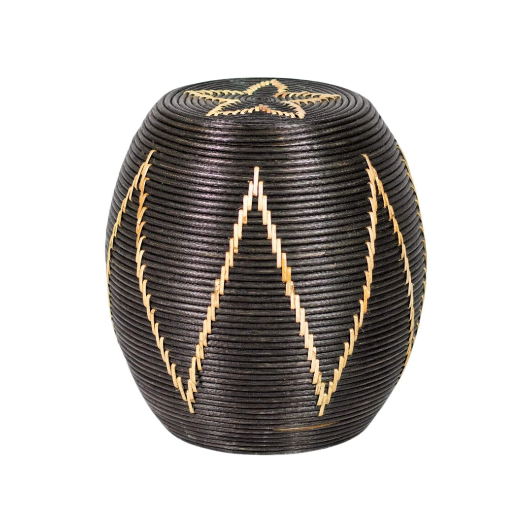 “Handwoven round Togo Side Table with zigzag design for modern interiors.”