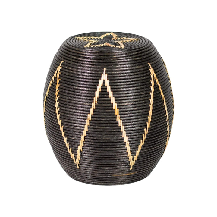 “Handwoven round Togo Side Table with zigzag design for modern interiors.”
