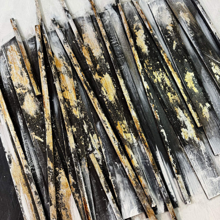 Close-up of the Tomasa Painting’s textured brush strokes with gold and black accents.
