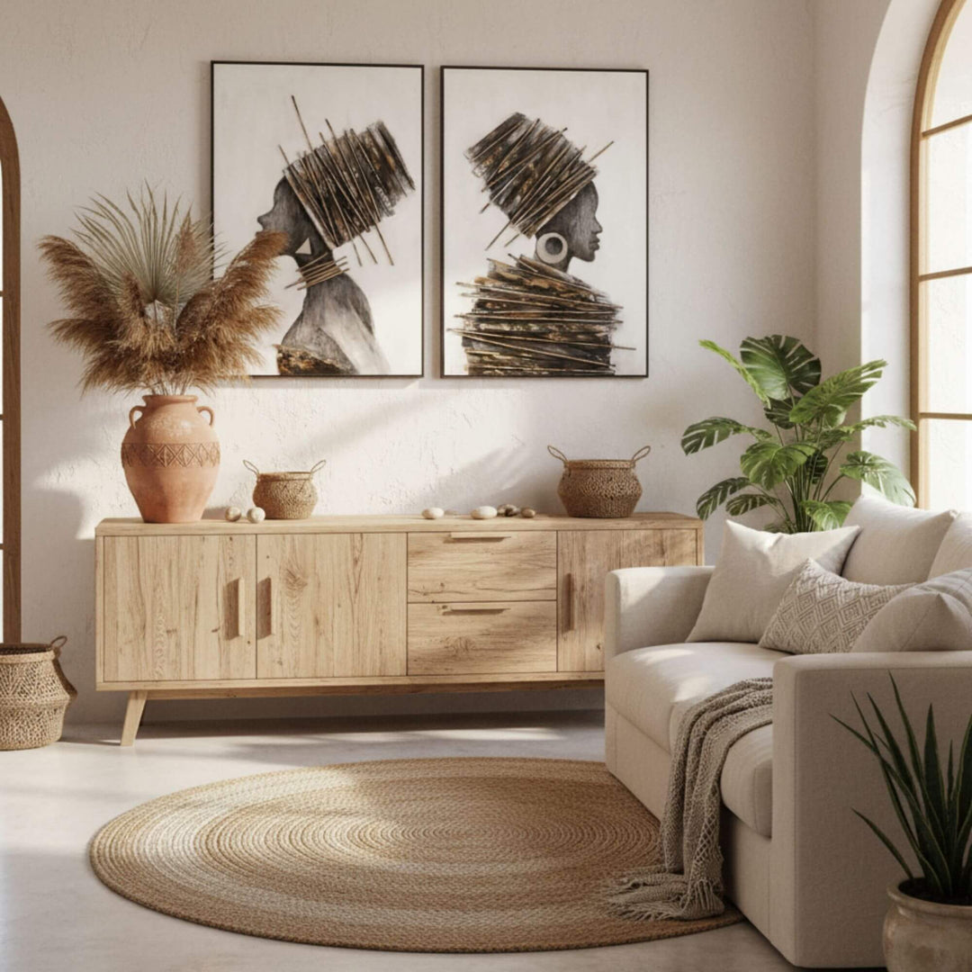 Cozy interior with the Tomasa paintings above a wooden sideboard and soft neutral furnishings.
