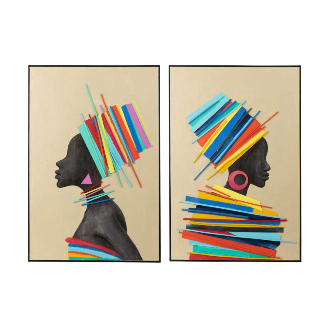 Set of two Tomasa Summer Paintings featuring colorful female silhouettes with geometric headdresses on beige backgrounds, framed in black.