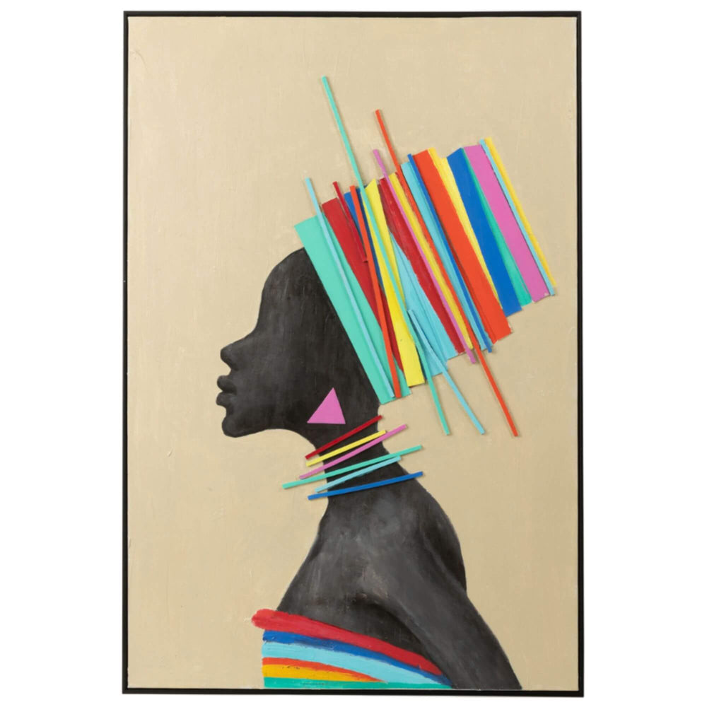 Close-up of left Tomasa Summer Painting showing a woman in profile with a vibrant multicolor headdress and pink triangle earring on a beige background.